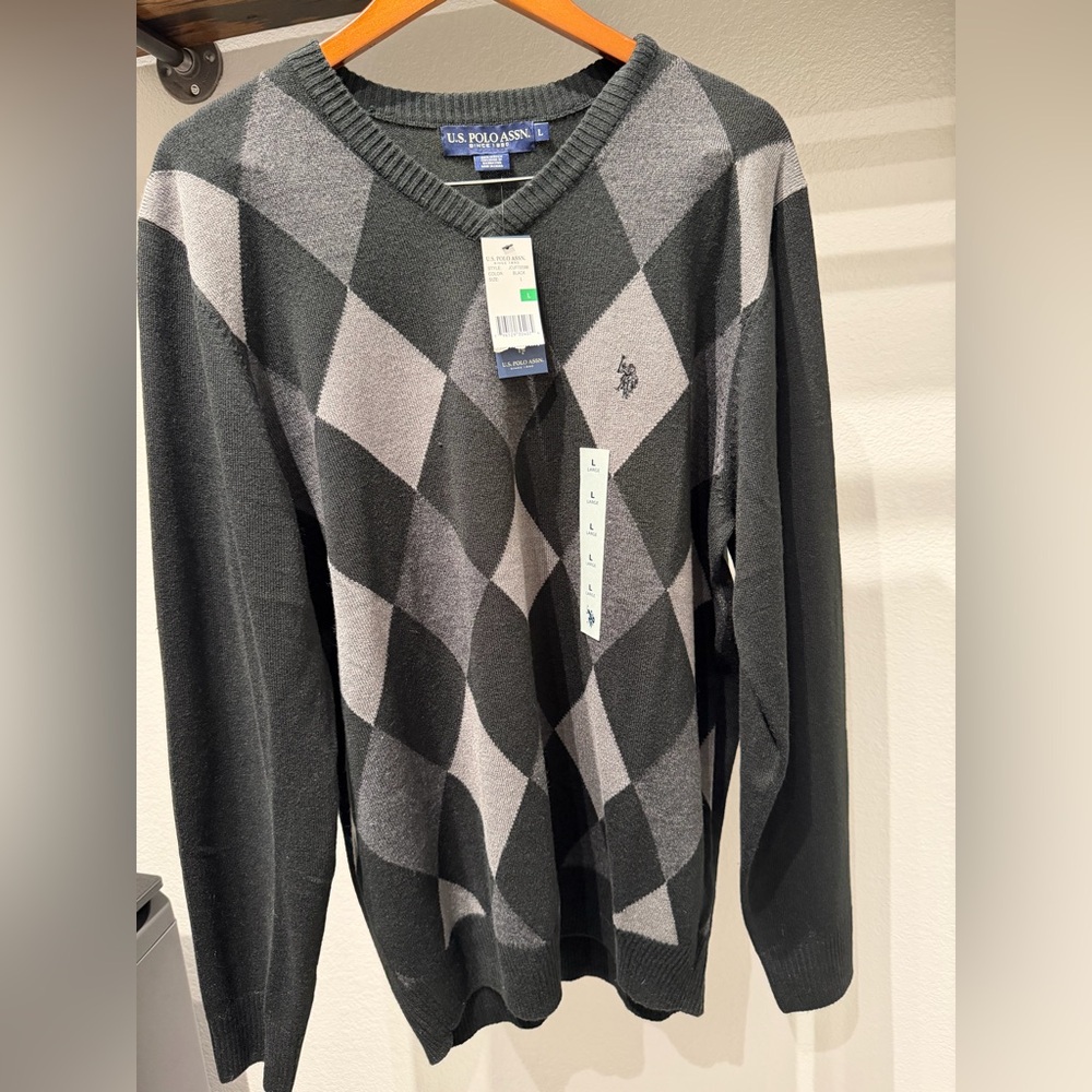 NWT U.S. Polo Assn. Men's Argyle Sweater - Black and Gray